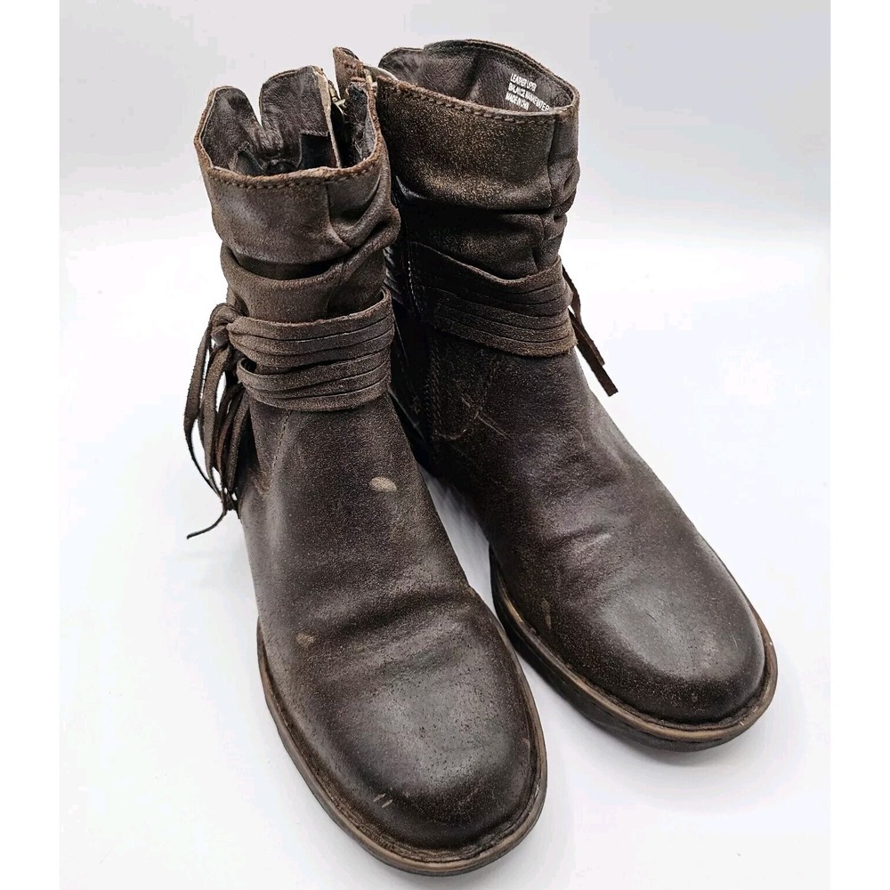Born Amarena Boots Size 6.5 Brown Leather Distressed Suede Wrap Tassel Ankle